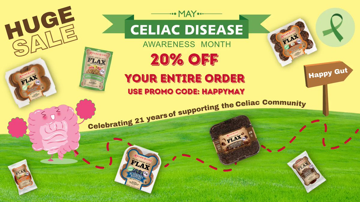 Flax4Life's tweet photo. You know May is our favorite month around the Bakery because it is full of celebrations for Celiac Disease Awareness Month. 🥳

As part of our month-long celebration, we would love to offer you 20% off your order!! Use promo code: HappyMay to get the discount at checkout! https://t.co/tNfDjuHNaP