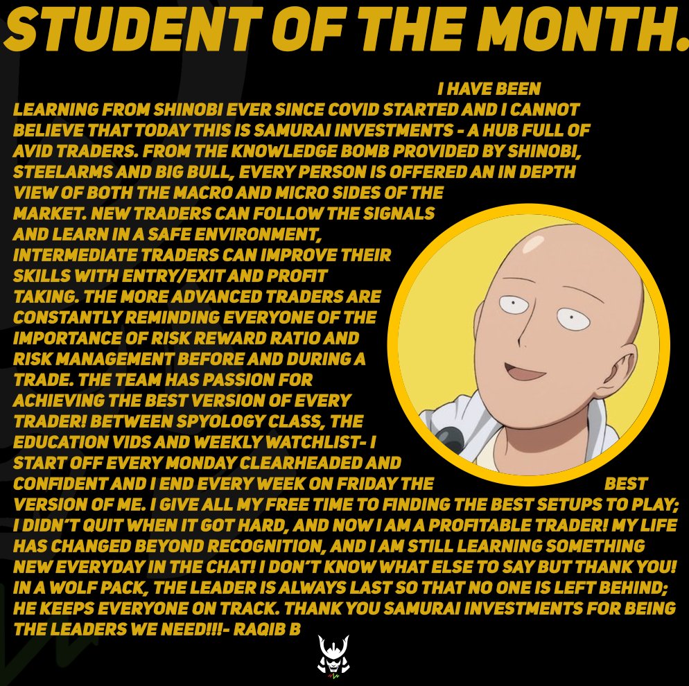 SamuraiMarkets's tweet photo. Samurai Student of the Month: @ray_engine28 

We are elated to announce Ray as our first ever student of the Month!

It has been a pleasure to be apart of your journey, and we can not wait to see what you accomplish further down the road!

Keep on winning the #SamuraiWay 🏯 https://t.co/HUJCuKOuii