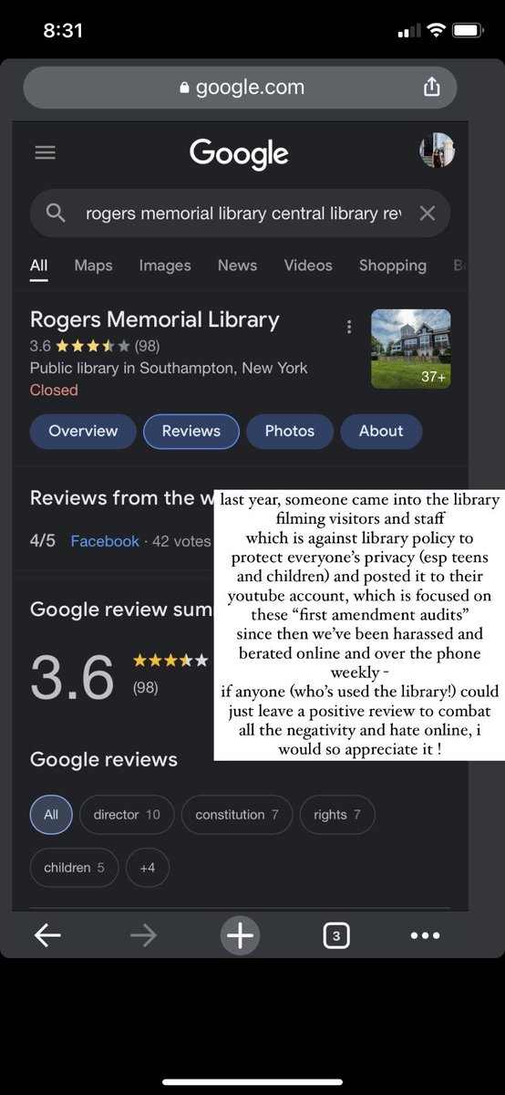 jeezlouisefinch's tweet photo. if you have ever had a nice time at the library please consider a nice review to combat the hate we are receiving bc we didn’t let someone film https://t.co/m8yYCTHgr7