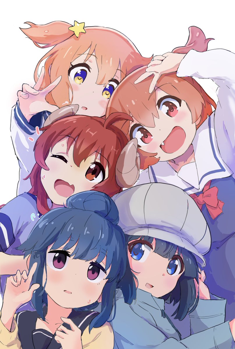 shima rin ,yoshida yuuko (machikado mazoku) multiple girls horns school uniform 5girls fang hat blue hair  illustration images