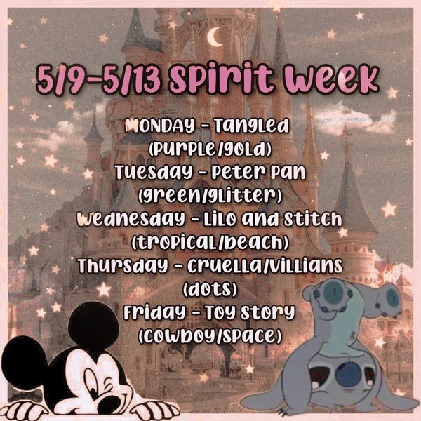 It’s a Disney movie spirit week next week! Wear items and colors inspired by some of your favorite Disney movies 🏰🎨☀️🐊🌴🐶🤠