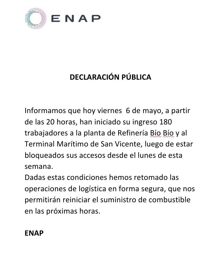 OctavaBioBio's tweet photo. 🔴AHORA | ENAP informa que se han retomado las operaciones de logística en forma segura, lo que permitirá reiniciar el suministro de combustible. #OCTAVABIOBIO https://t.co/790BKhNaE5