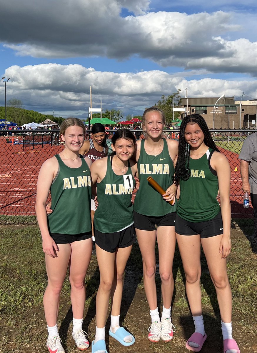 Record Breakers! Alma Sr. High record holders in the women’s 4x200m relay!  V.Beneux, N. Acosta, R. McIntosh, &amp; K. Owens.  Shattered the old record by more than 6 seconds at the 5A state track meet! <a href="/AlmaSchools/">Alma School District</a> <a href="/Alma_Athletics/">Alma Athletics</a> #only1airedale