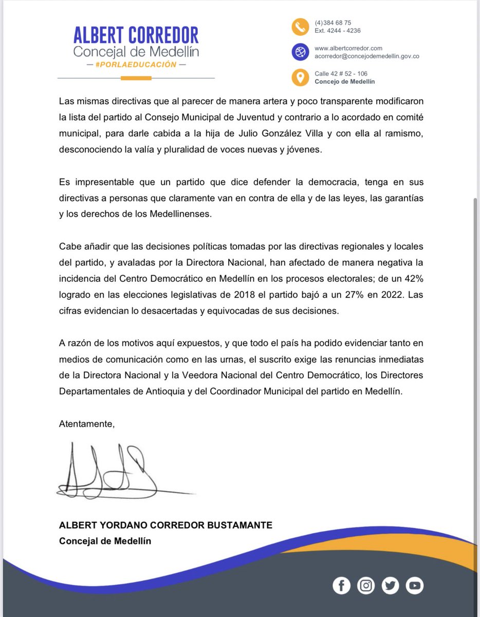 Ustedes las directivas del <a href="/CeDemocratico/">Centro Democrático</a> traicionaron a Medellín, Renuncien. <a href="/AlvaroUribeVel/">Álvaro Uribe Vélez</a>