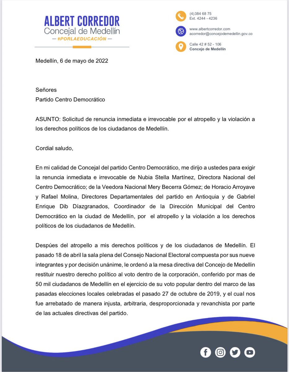 AlbertCorredor's tweet photo. Ustedes las directivas del @CeDemocratico traicionaron a Medellín, Renuncien. @AlvaroUribeVel https://t.co/KOYz2Svd6y