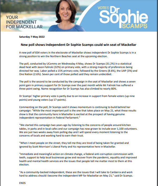 political_alert's tweet photo. New poll shows Independent Dr @SophieScamps could win seat of Mackellar #ausvotes https://t.co/NqG07C6Wvc