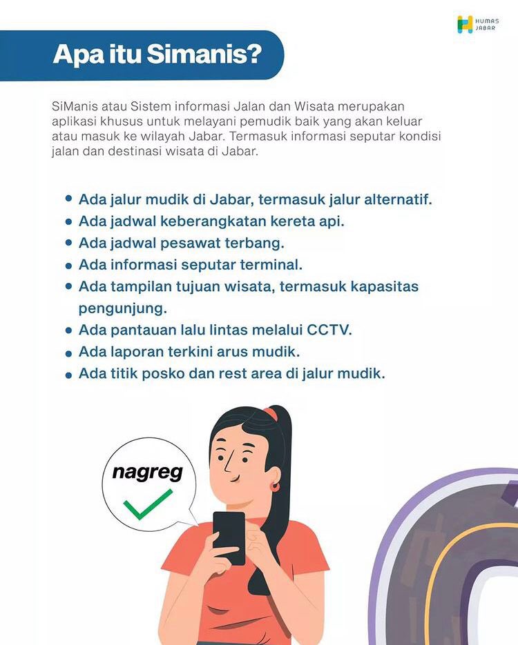 ridwankamil's tweet photo. Pemudik tak perlu khawatir ketinggalan informasi seputar kondisi jalan & destinasi wisata di Jabar. Pemprov Jabar punya #Simanis yg berikan informasi terkini soal jalur alternatif, keberangkatan kereta api hingga pesawat terbang. Begini cara aksesnya https://t.co/0JPEVI3R4v https://t.co/awcsO7lQqQ