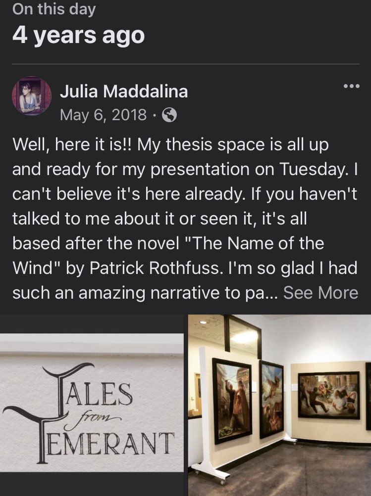 JMaddalina's tweet photo. Oy. I can’t believe it’s been 4 years… 

Fueled by pure spite, I completed 7 large paintings in 6 months. The illustration department didn’t think an illustrator should paint… ha! 

I’d love to tell myself from then that I’m drawing various capybaras now for @PatrickRothfuss… https://t.co/QLN7cSrpRq