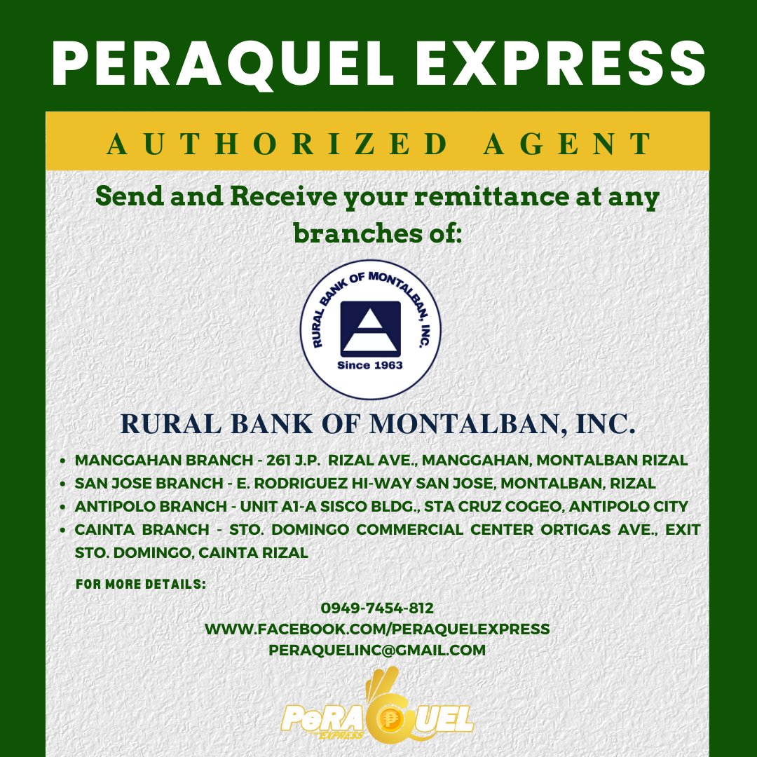 Raquel_Pawnshop's tweet photo. Great News! PERAQUEL EXPRESS is now available at Rural Bank of Montalban, Inc.
#peraquelexpress
#MabilisMuraMaaasahan https://t.co/O61JVsxFXj