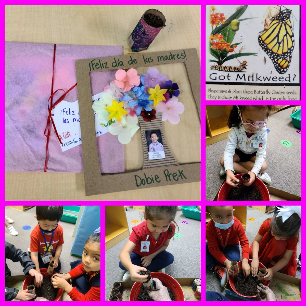 After a week of learning about Changes, Ss applied their learning and created their Mother's day gift (frame and planter) using recycled materials (cardboard, leftover laminating film and empty toilet paper rolls).  They were so excited!  #RISDPrek #RISDpoweroflove <a href="/DobiePKSchool/">Dobie Pre-Kindergarten School⭐️</a>