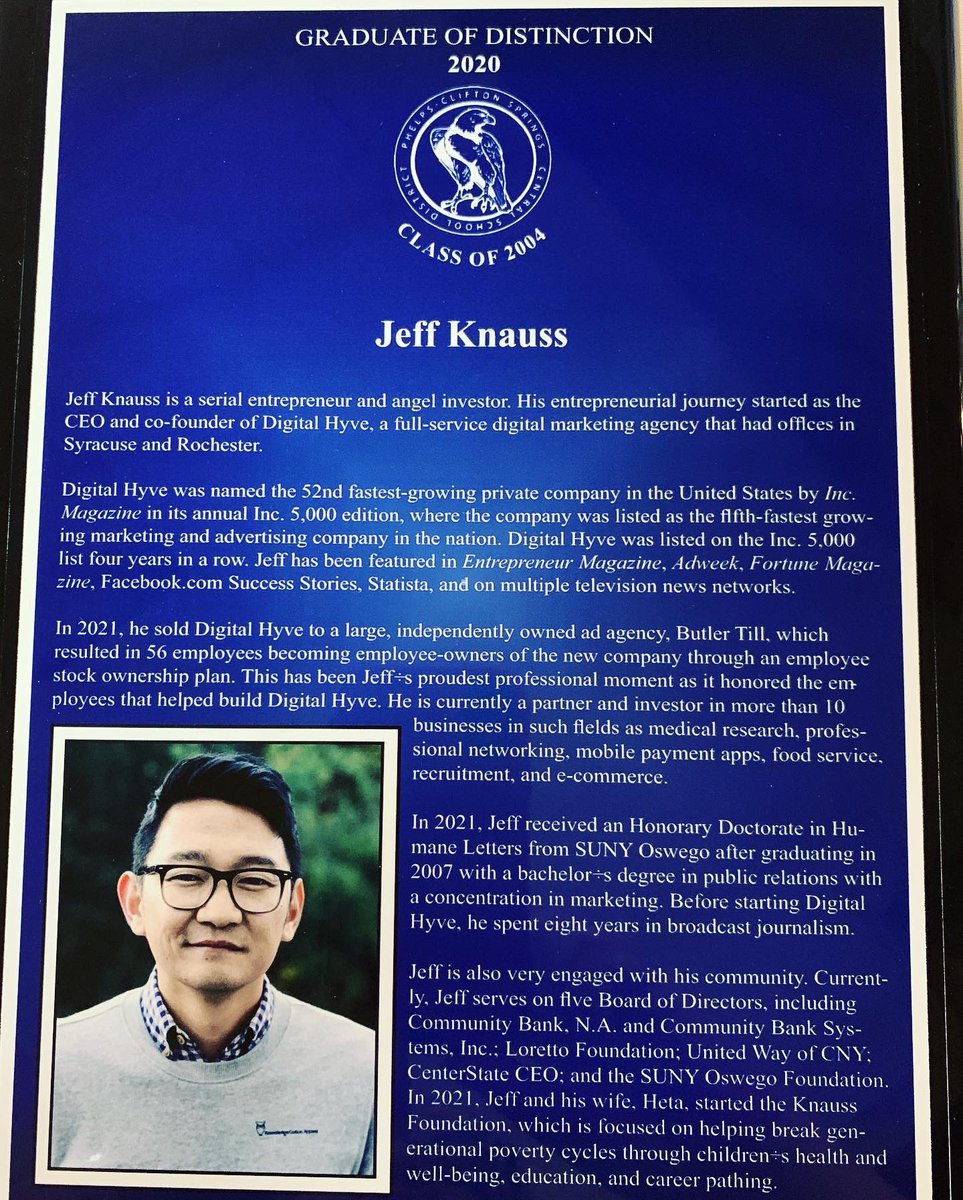 Holland2Norma's tweet photo. Congratulations to @JeffKnauss, one of 3 inductees into the Midlakes HS Graduates of Distinction Program. He was recognized for his career as co-founder of @DigitalHyve, his role as an angel investor, &amp; his philanthropy through the Knauss Foundation. Proud of you, dear friend! https://t.co/rx2goGiwCj