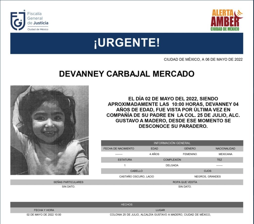 AYUDA PARA LOCALIZARLA 🚨

Sumemos esfuerzos para localizar a la pequeña Devanney Carbajal Mercado desaparecida el 2 de mayo en la alcaldía Gustavo A. Madero #cdmx