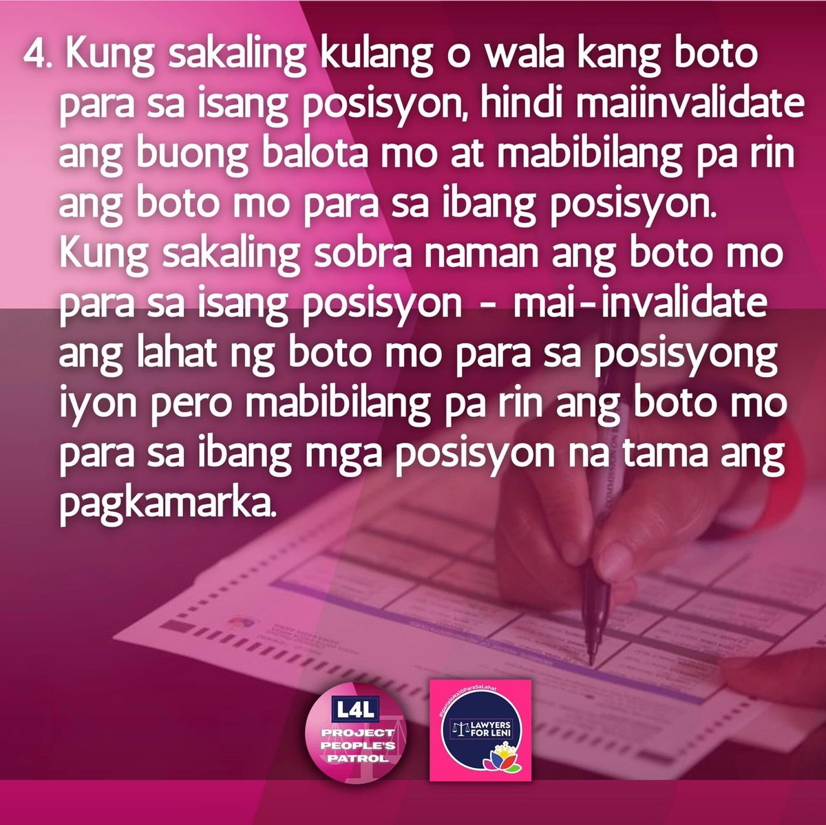 lawyersforleni's tweet photo. L4L Gabay sa Pagboto (1/2) #IpapanaloNa10ParaSaLahat #L4LPeoplePatrol https://t.co/puOKohyKhy