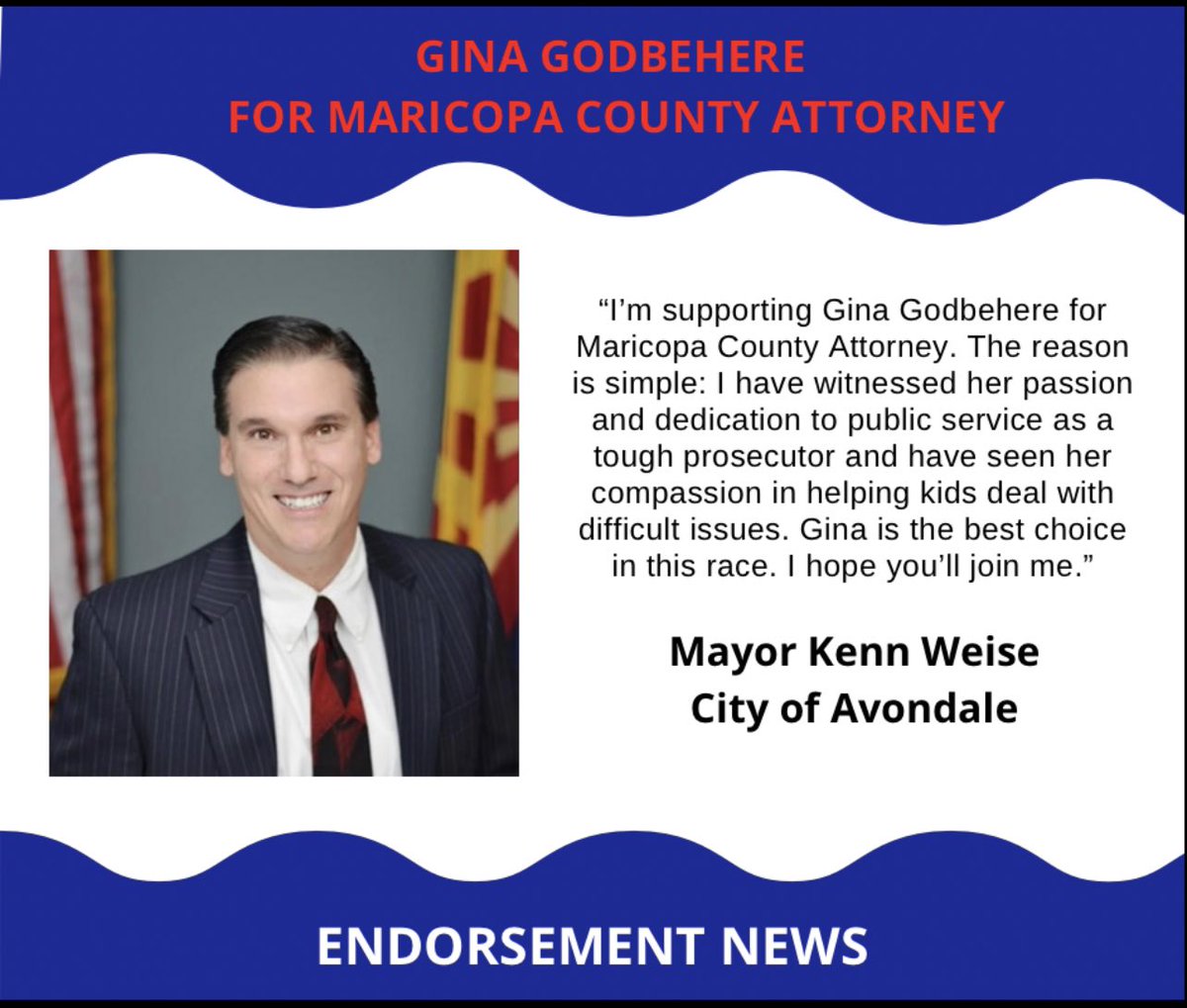 GinaGodbehere's tweet photo. I am proud to announce the endorsement of the City of Avondale Mayor Kenn Weise.
https://t.co/IqhnGkf6uQ
#ProvenProblemSolver #CourageCreatesChange https://t.co/FEFqmJcyZF