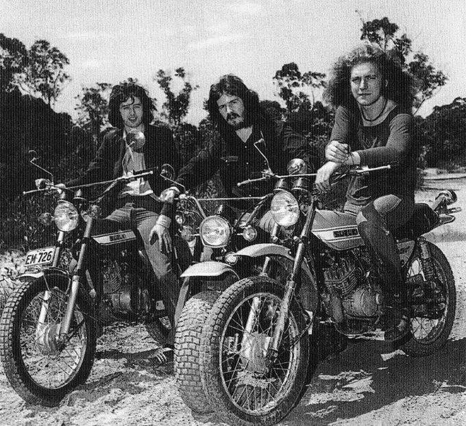 crockpics's tweet photo. Jimmy Page, John Bonham, and Robert Plant on their motorcycles, 1970 https://t.co/4wMmuHw7Wj