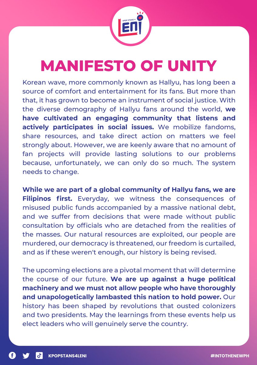 KPOPSTANS4GG's tweet photo. Everything is Political, the media we consume, the relationships we make and maintain, and the products we buy. Yes, even K-Pop and Hallyu. We stan forever and stand together, actively demanding good governance.

#KPopStans4Leni
#KPopStans4LeniKiko
#IntoTheNewPH
#LakasNgKpopStans https://t.co/I9gd9QqK3u
