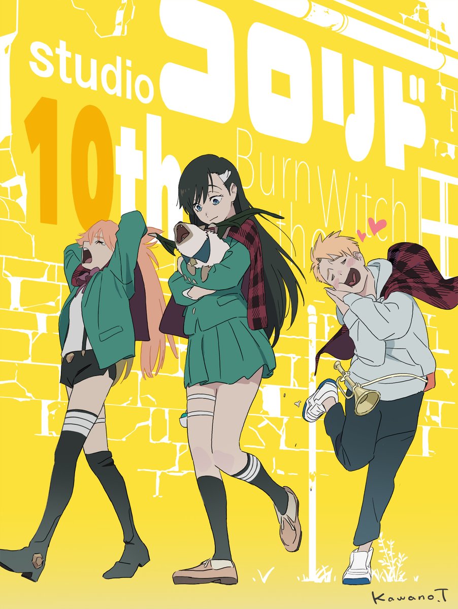 multiple girls 2girls long hair black hair 1boy jacket skirt  illustration images