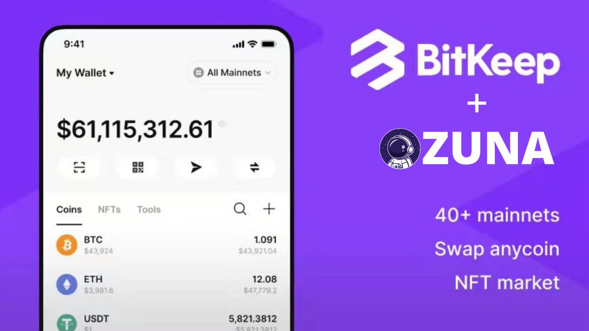zunacoin's tweet photo. @BitKeepOS will be listing $ZUNA in just a few days!

Why BitKeep?
- 5 Million Users
- Swap any coin
- DEFI (transactions will run through PancakeSwap) boosting volume and reflections for all $ZUNA holders

More info to come about campaigns with BitKeep🚀
#zunacoin #BSCGem https://t.co/WovOzM07EU