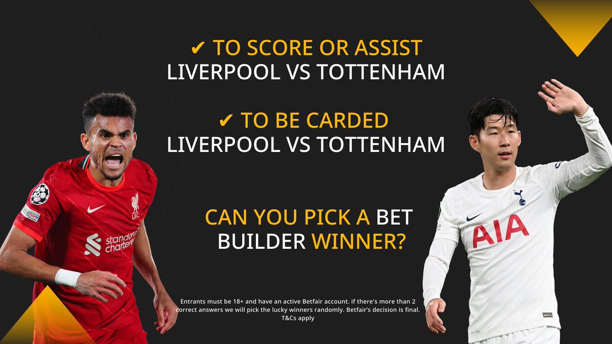Betfair's tweet photo. 👀 Hello weekend!

🙌 It's competition time again...

We're giving away 2 x £25 free bets

🔁 Simply RT and reply with your winning Bet Builder for Liverpool vs Tottenham

We we want a double of:

🥅 Player to Score or Assist 
📒 Player to be carded https://t.co/EWypr78k7c