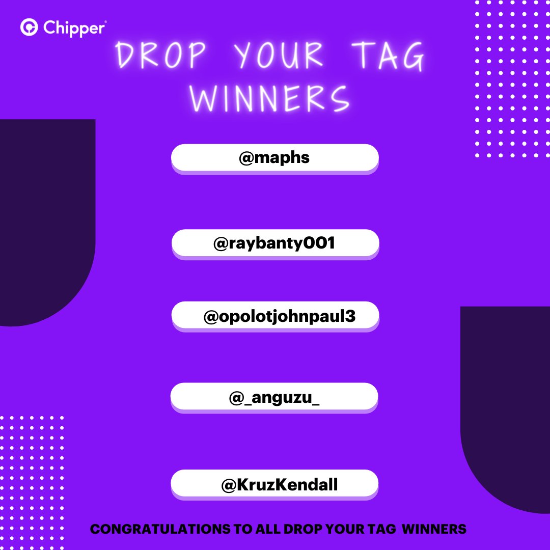 chippercashapp's tweet photo. Woohoo! Congratulations to the winning tags🎉

We’ve sent the 🎁directly to your Chipper wallet! We hope you enjoy!😉 https://t.co/KhlDiAwcja