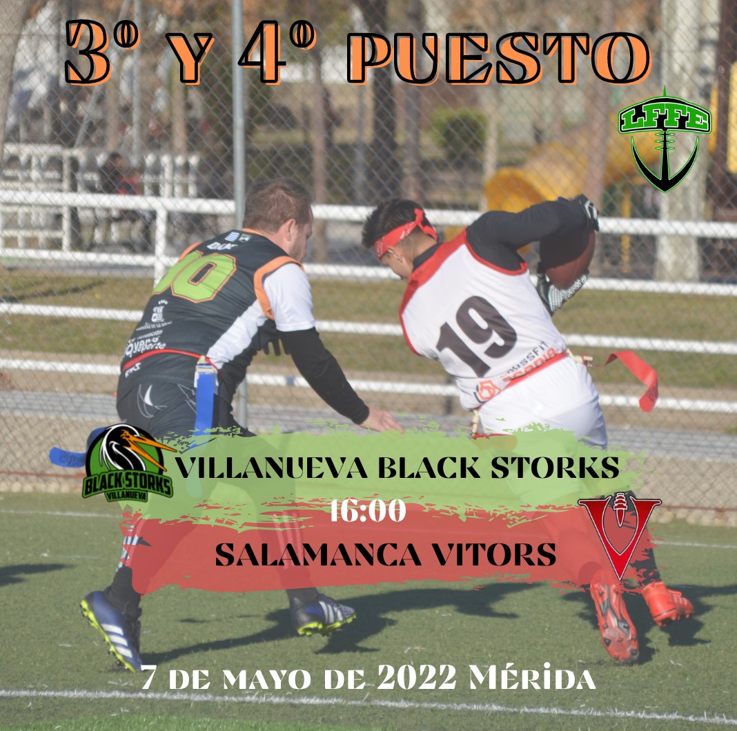 ExtremaduraFAFF's tweet photo. 🏈 ¡ÚLTIMO GAME DAY! #LFFE

➡️ Liga de Flag Football Extremeña 2022

⏰ Desde las 16.00h
📌 Mérida
🏟 Campo Nueva Ciudad

🥉 3º - 4º PUESTO
🕓 #Vitors☑️ 🆚 #BlackStorks⚫️

🥇 FINAL 🥈
🕔 #Romanos⚔️ 🆚 #Ducks🦆

📺 Twitch #blackstorkslive 
🔗 https://t.co/bWJHvss5QQ https://t.co/GhVzUws7gC