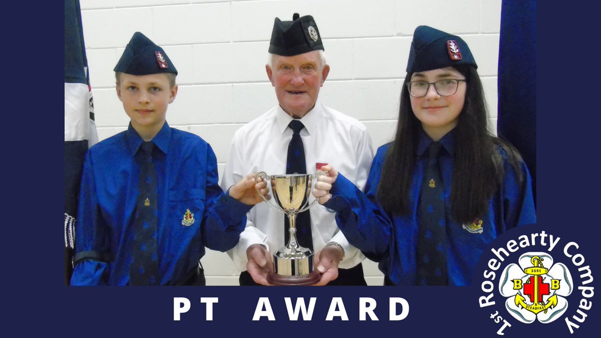 RoseheartyBB's tweet photo. We had a surprise in store for our Inspecting Officer Jim Muirhead MBE when we named our new PT cup after him. Well done to first recipients Eimantas and Kaelyn! #BoysBrigade #LearnDiscoverGrow #ThankYou https://t.co/63Othj9n9T