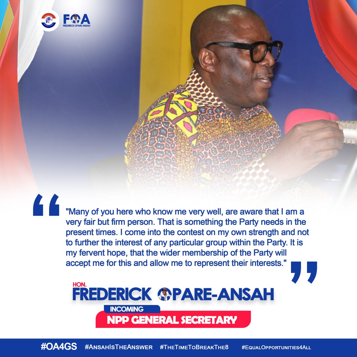 richie_RMB's tweet photo. *"..I am very FAIR but FIRM person.. I come into the contest on my own strength and not to further the interest of any particular group in the party."_*
The Incoming GS *HON. FREDERICK OPARE-ANSAH*
#AnsahIsTheAnswer
#OA4GS
#TheGrassrootsChoice
#TheTimeToBreakThe8
#TheStrongMan https://t.co/kqI2OvQ2tz