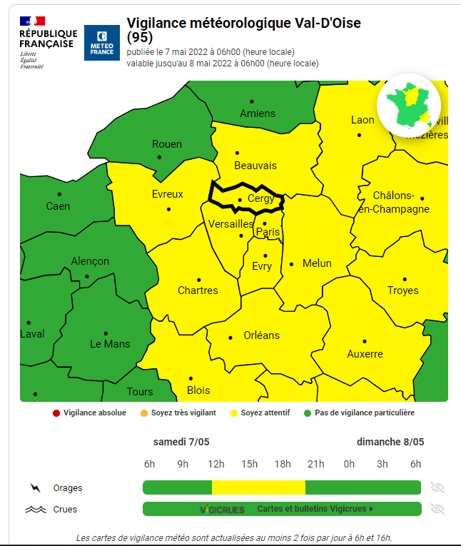 [ VIGILANCE JAUNE ORAGE ] 🌩️
Le département du Val d'Oise est placé en Vigilance Jaune Orage ce samedi 7 mai 2022.
👉 Plus d'infos sur vigilance.meteofrance.fr