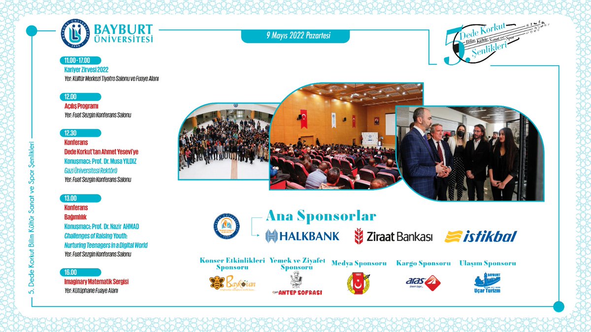 Bayburtedu's tweet photo. 📢 BAŞLIYORUZ 📢
🎊🎶🏓Üniversitede Şenlik Var...!🎓📖🔎

5. Dede Korkut Bilim, Kültür, Sanat ve Spor Şenlikleri

📆: 9 Mayıs 2022
⏰: 11.00-17.00
📍: Baberti Külliyesi https://t.co/q6VqI91YmV