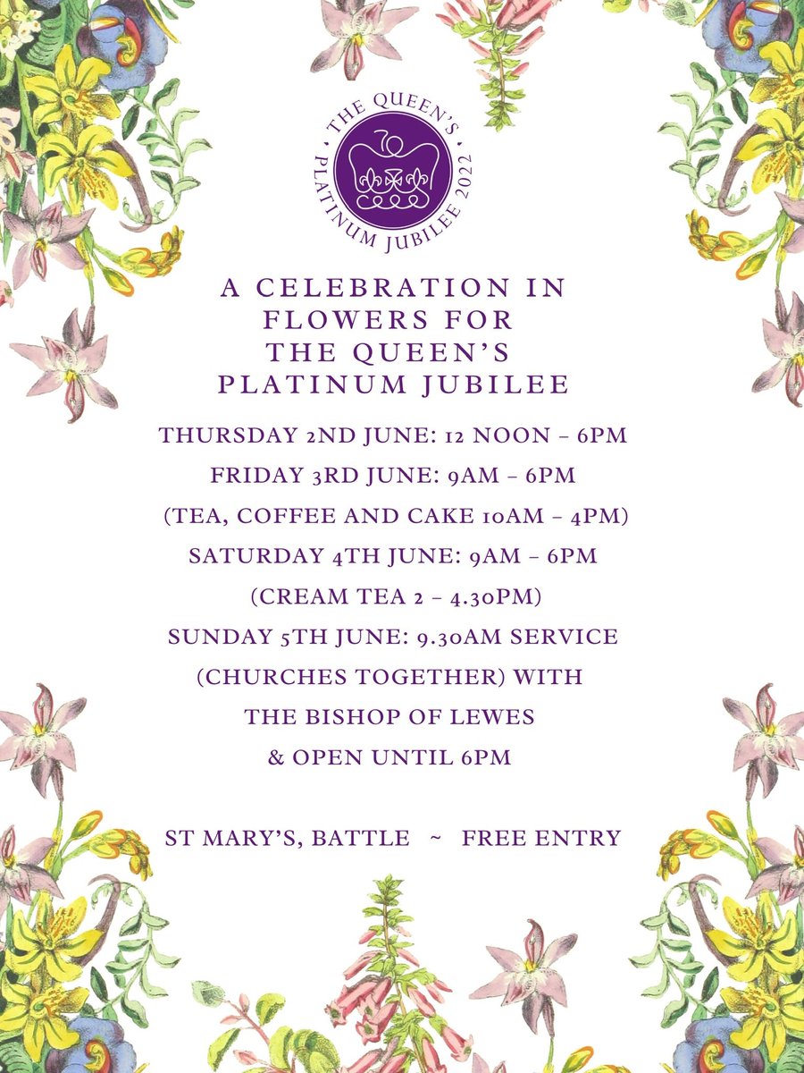 SAVE THE DATE
‘A Celebration in Flowers for the Queen’s Platinum Jubilee’
2 - 5 June 

#HM70 #PlatinumJubilee #Battle #battletown