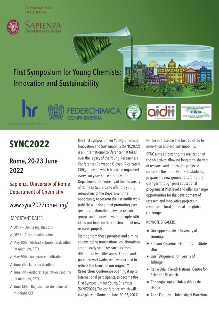 SupRaLabRome's tweet photo. Just few days left to apply for the first edition of #SYNC2022  organized by the department of #chemistry of @SapienzaRoma. Don’t miss it! https://t.co/nWCMmDUxSd @Wellchem_S https://t.co/x5ybOA0JKV