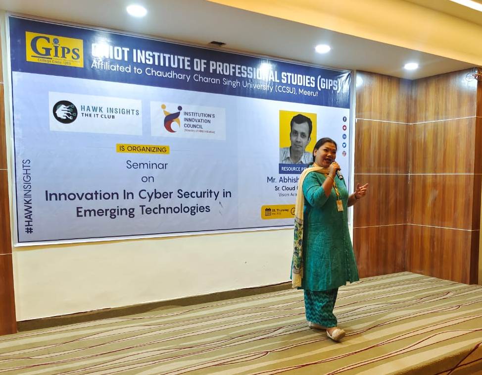 GNIOTCollege's tweet photo. HAWK INSIGHTS the IT Club of Greater Noida Institute of Professional Studies successfully organized a SEMINAR on INNOVATION IN CYBER SECURITY IN EMERGING TECHNOLOGIES on 5th May 2022. #GNIOT #GIPS #College #ITClub #HAWKINSIGHTS #GreaterNoida #Seminar https://t.co/E6x6M1Db67