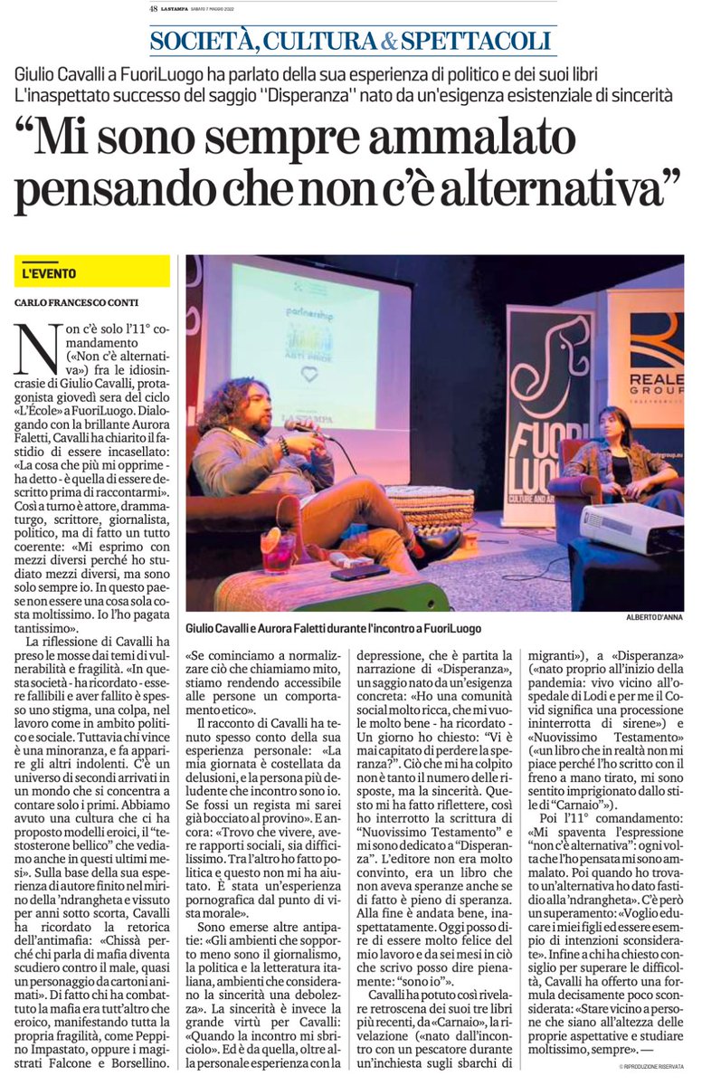 giuliocavalli's tweet photo. Sull'incontro a @FuoriLuogo_Asti in cui abbiamo parlato di #Disperanza e #Nuovissimotestamento l'articolo de @LaStampa https://t.co/2ecc8ZccUC