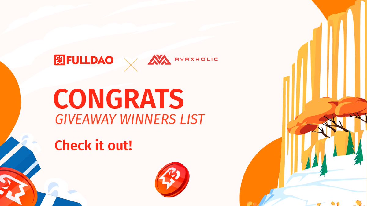 FullDaoProtocol's tweet photo. FULLDAO x AVAXHOLIC GIVEAWAY
🎊 GIVEAWAY WINNERS LIST 🎊 
The FullDAO team is extremely thankful for your participation in this Giveaway between FullDAO and @avaxholic  

Check it out if you are one of our winners 🥰
https://t.co/oNUnqCKqGP
#AVAX #FullDAO https://t.co/gLZMIXEGF7