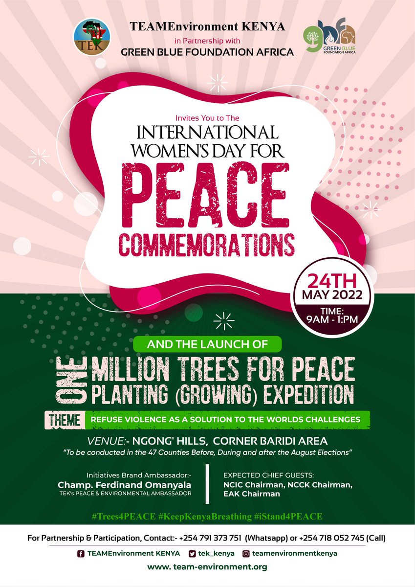 tek_kenya's tweet photo. In Partnership with @GreenBlueFound2 spearheaded by our own Champ and Peace ☮️ Amb. @Ferdiomanyala we inviting you to be Environmental Conservationist and a Peace Keeper too!
#Trees4Peace
@Environment_Ke @UNEP @NemaKenya @KaburuDan @MtKenyaNetwork1 @kenya_climate @WeDontHaveTime https://t.co/jGZk5dXvpJ