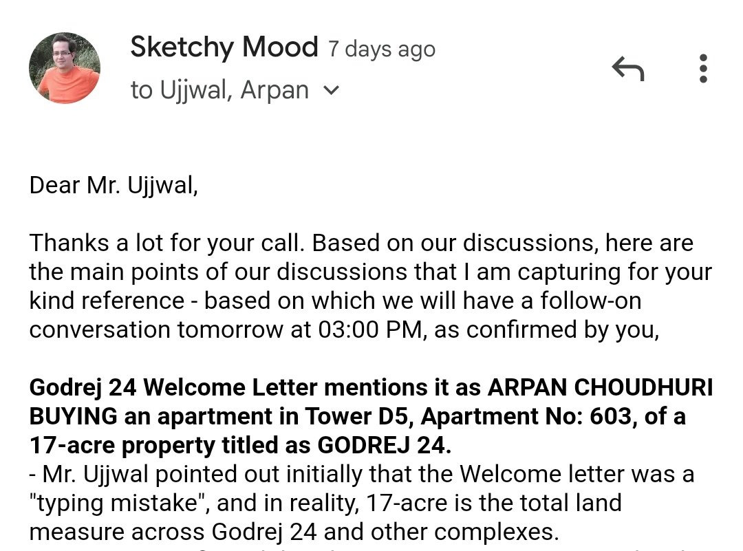 I was sold a property in 2017, in a 17-acre Hinjewadi complex of Godrej 24. 4.5 years later, the CRM team of Godrej mentions the Welcome letter has a "typing mistake" 😲 while charging me for 65% open spaces. Audio proof to follow soon on this post! #BoycottGodrej
