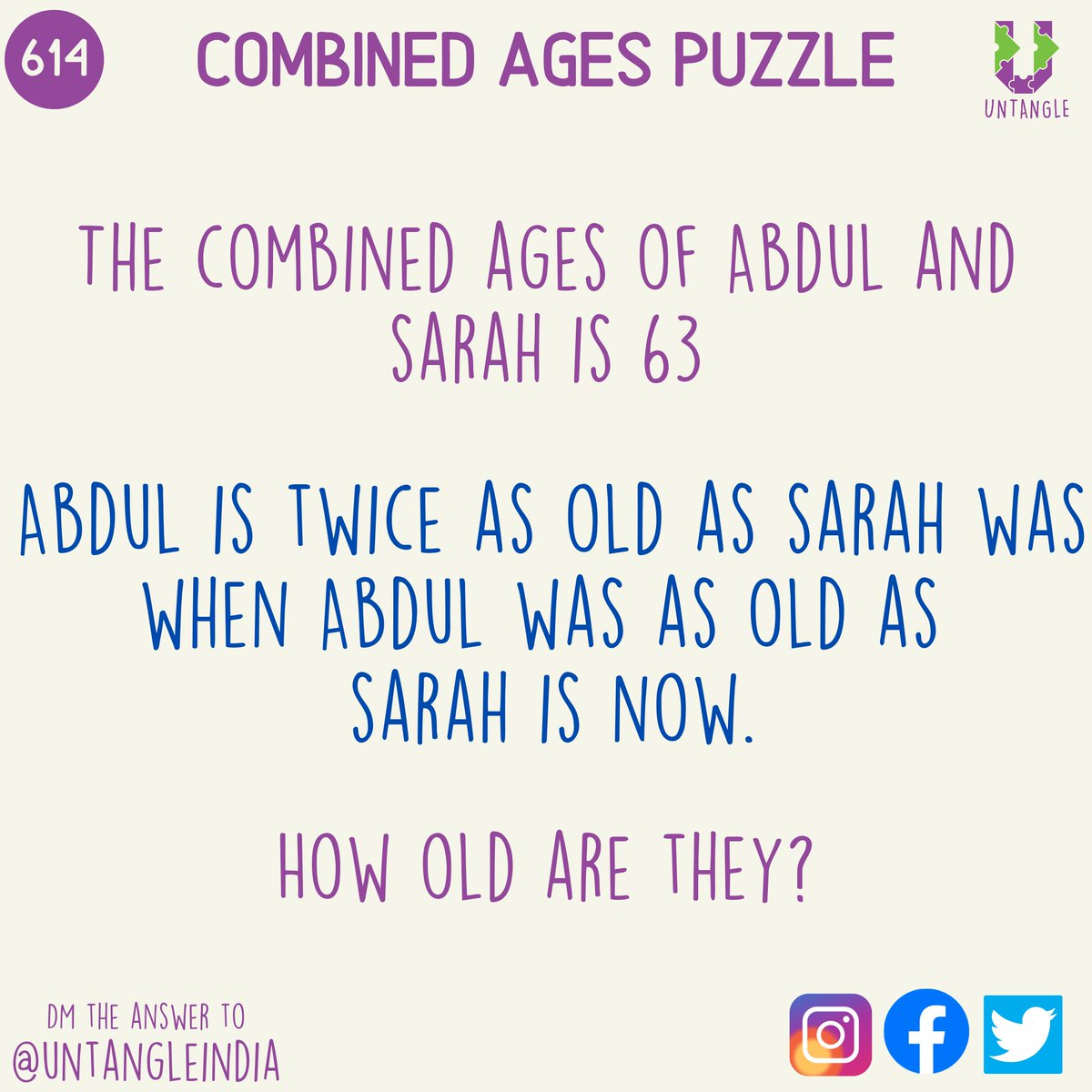 UntangleIndia's tweet photo. Saturday's puzzle is to find Sarah and Abdul's ages.

DM the answer to @UntangleIndia by 9PM

#UntanglingAtHome 614 https://t.co/3Kyl5fXqKf