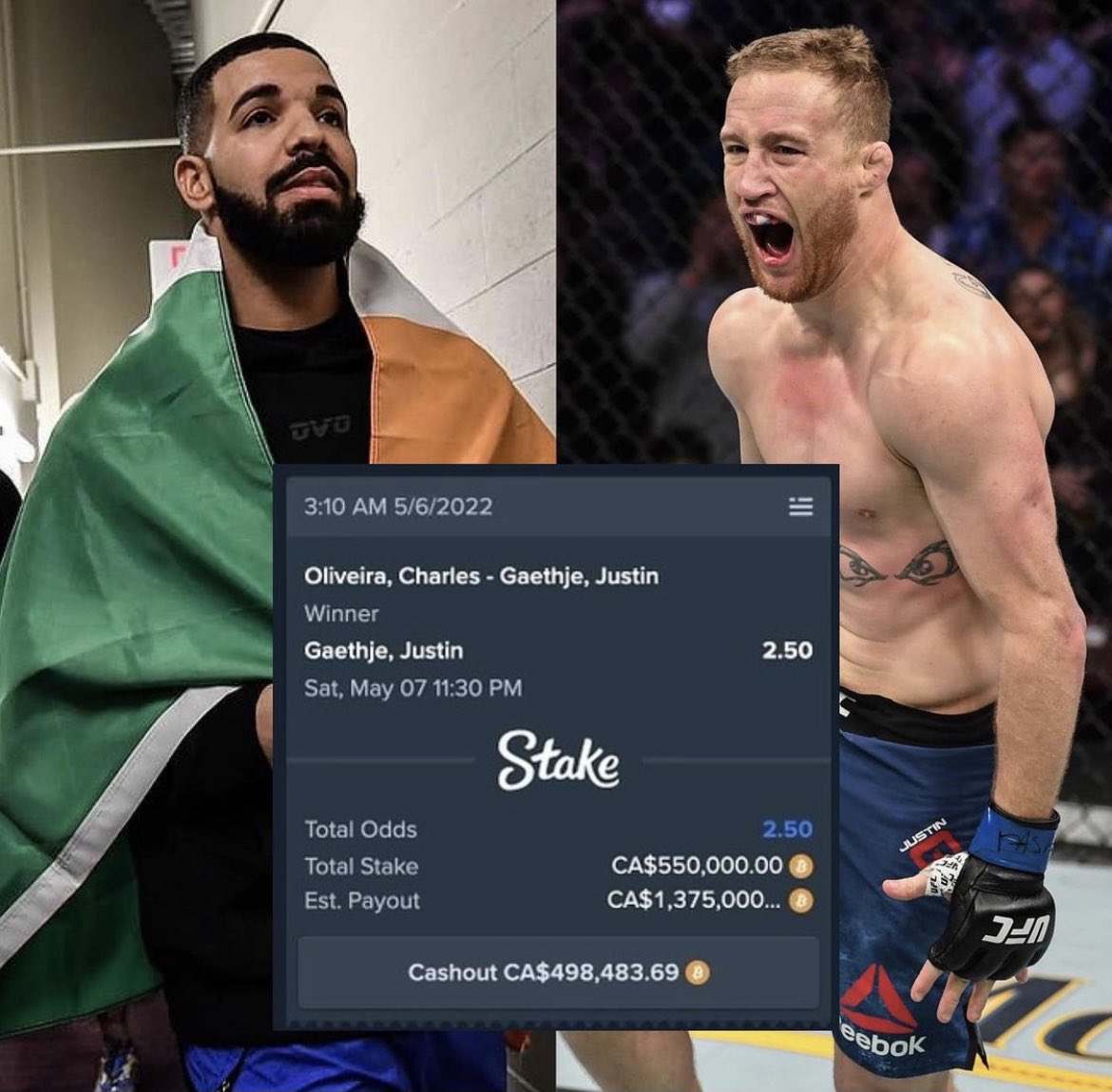 FightScoutApp's tweet photo. Drake just bet $427,000 on Justin Gaethje to win at UFC 274.

Check us out https://t.co/y8GocwbCL9 https://t.co/BpxO4dzKFg
