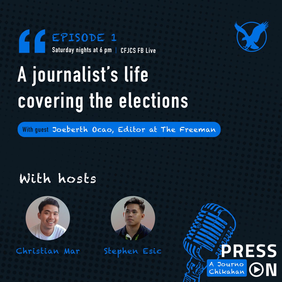 cfjcs_org's tweet photo. CFJCS is up with a new show round the block! 🎙✨

We present to you, PRESS ON: A Journo Chikahan, where we give the microphone to reporters in the field, communication academics, student journalists, and the like. https://t.co/WEZArPFfqN