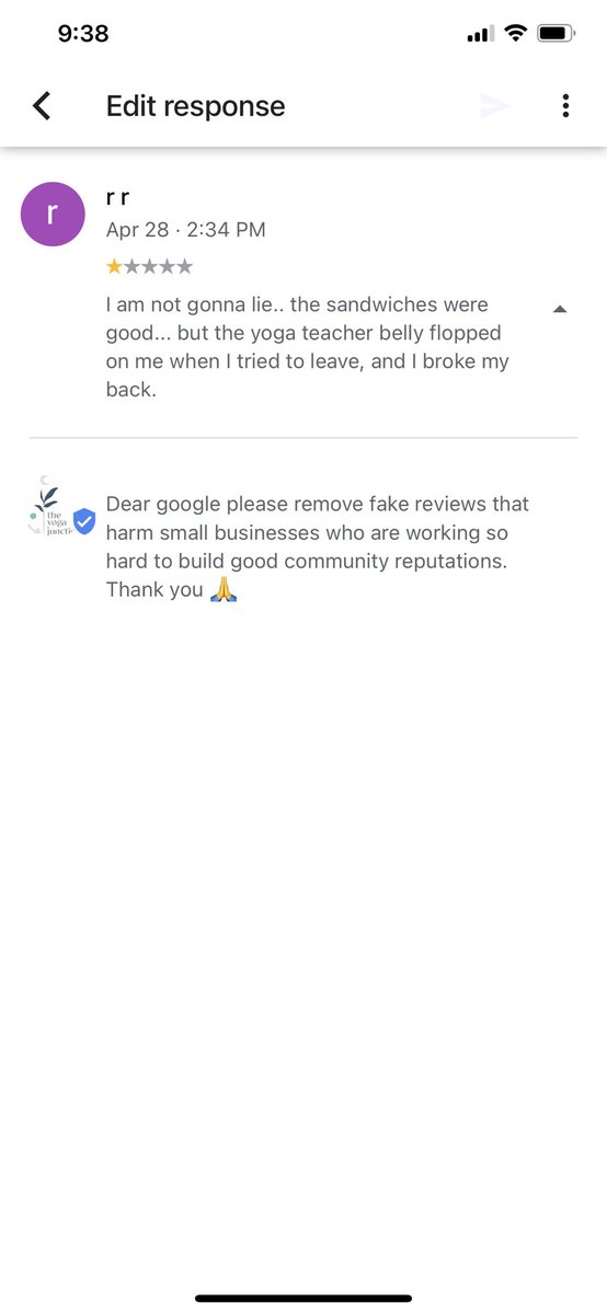 TheYogaJunction's tweet photo. @GoogleMyBiz Trying to get you guys to remove fake reviews is so hard. Pls help This google user has left very horrible reviews (7 in fact) at other businesses. It’s harmful to the small business community. https://t.co/I9WofG3QMn