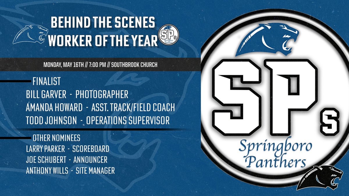 Boro_Panthers's tweet image. The Behind the Scenes Worker of the Year Nominees!

2022 SPs Award Show will be on May 16th at 7:00 PM at Southbrook Church!
#2022SPs
@SpSpringboro