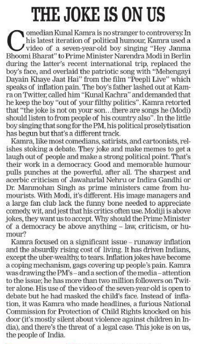 fpjindia's tweet photo. Why should the #PrimeMinister of a democracy be above anything – law, criticism, or humour?
#News #Editorial #FPJEditorial #KunalKamra #India
https://t.co/aYEf5AZzzv https://t.co/1iqeT7dftf