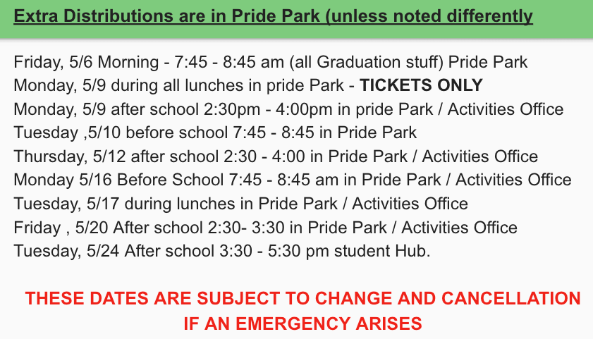 EvanaFretterd's tweet photo. Hey @FPCHS seniors. Here is the Grad supplies distribution days. You may pick up your 8 tickets, cap and gown, medal and/or purchase your $5 parking pass. https://t.co/K6uJsxqC7B