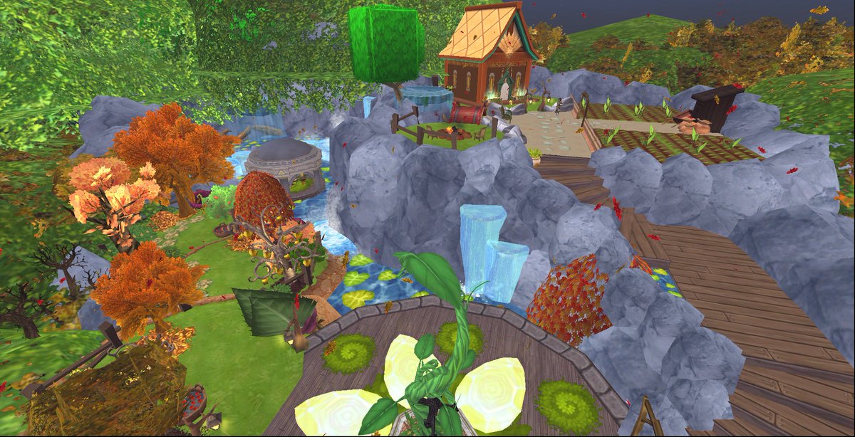 w101emily's tweet image. Entering my Nomad's Camp in #Wizard101CastleTours , utilizing my magical transition from summer to fall in the "Seasonal Looking" category! This mountaintop cottage is ready for the autumnal harvest! 🍃🍂🍎

(last 2 photos showcase season change before and after!)