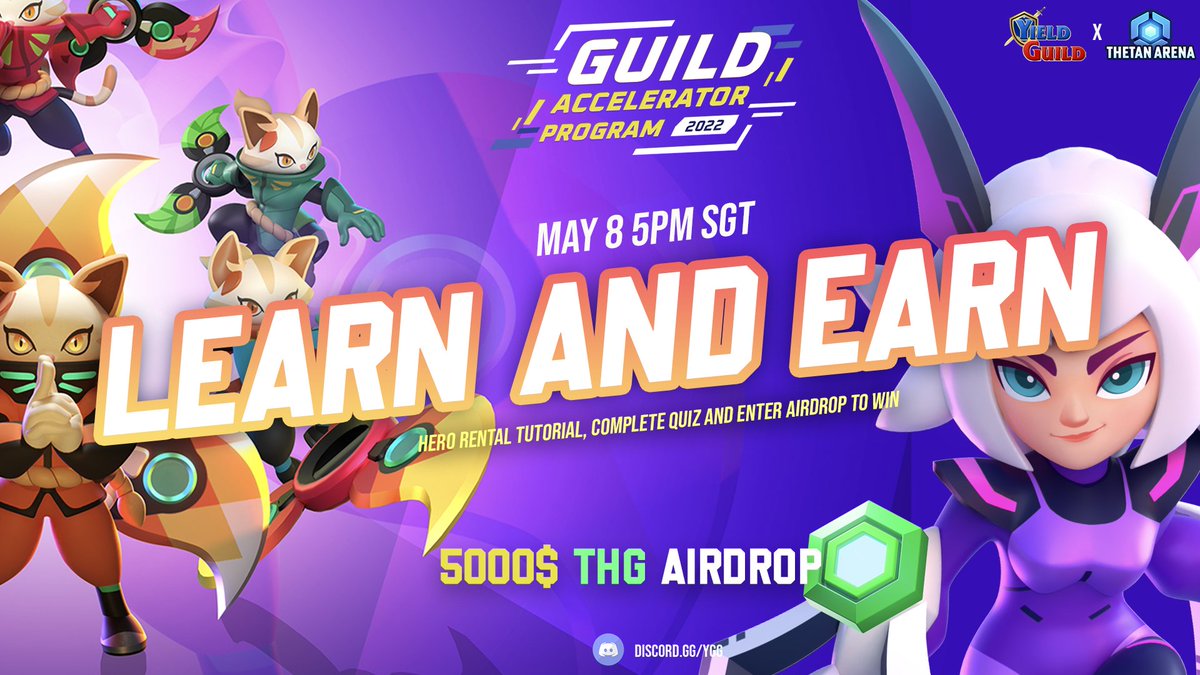 YieldGuild's tweet photo. Kickstarting our first event as officially part of the G.A.P. journey with @ThetanArena's “Learn &amp; Earn” and a 5K USD total prize pool in $THG🔥

Catch us this Sunday May 8 5PM SGT here on YGG Discord Channel on https://t.co/QCML5GE6Hk

See you guys there!⚔️

#WeAreYGG https://t.co/Jf2CCiQbyc