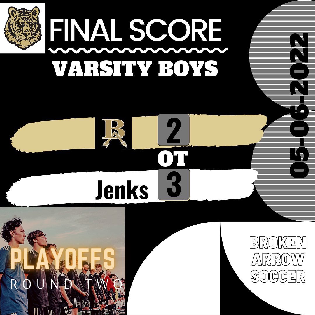 Heartbreaking loss in OT against Jenks tonight in the quarterfinals…

Thank you to everyone who supported the team this year…Our boys finished the season with an amazing 12-3 record!  We are so proud of you! 🖤💛

Goals: Aaron Cook, Luke Nantz