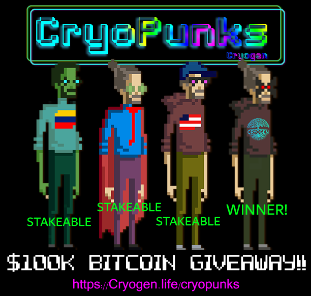 CryoWebOfficial's tweet photo. $100k in Bitcoin Giveaway!!

40 people will #mint a #cryopunk wearing a #cryogen t-shirt. Each one of those #wins $2,500 in #BTC!!! Up to 171 #minted so far and no #winners yet!!

#MINT HERE ➡️ https://t.co/FBu1AVGEgw
Are we close to our first #BTC #Winner?? 🤑 https://t.co/95HsVSjz9o