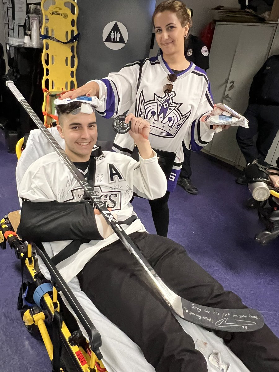 LAKings's tweet photo. “Sorry for the puck on your head.” 
- Phillip Danault https://t.co/SvgOtNeL9p