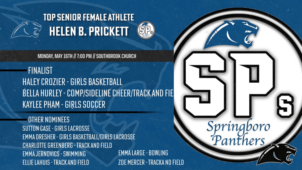 Boro_Panthers's tweet image. The Helen B. Prickett Nominees! Awarded to the Top Senior Female Athlete. 

2022 SPs Award Show will be on May 16th at 7:00 PM at Southbrook Church!
#2022SPs
@SpSpringboro