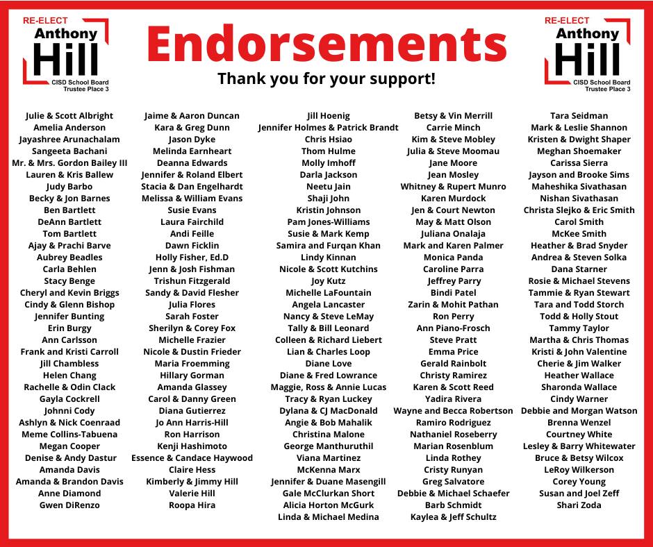 Hill4CISD's tweet photo. (Updated) I am honored and grateful to these community members that have endorsed me in this election.

#WorkingForEveryone https://t.co/QE3FUIWrxk